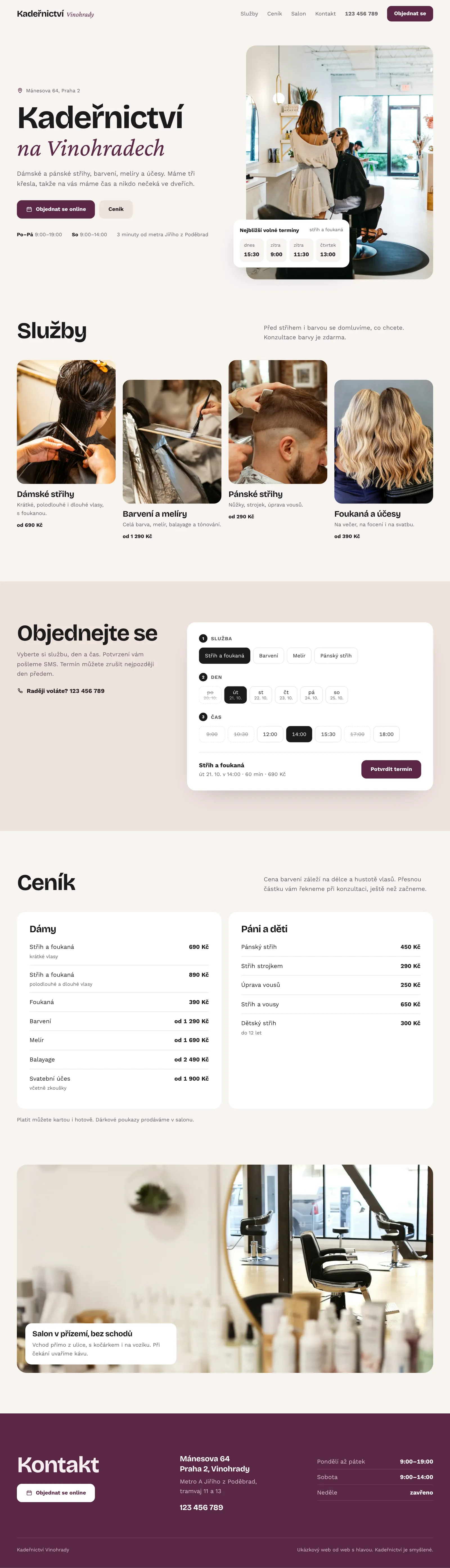 Ukázkový web kadeřnictví: služby, objednání online a ceník