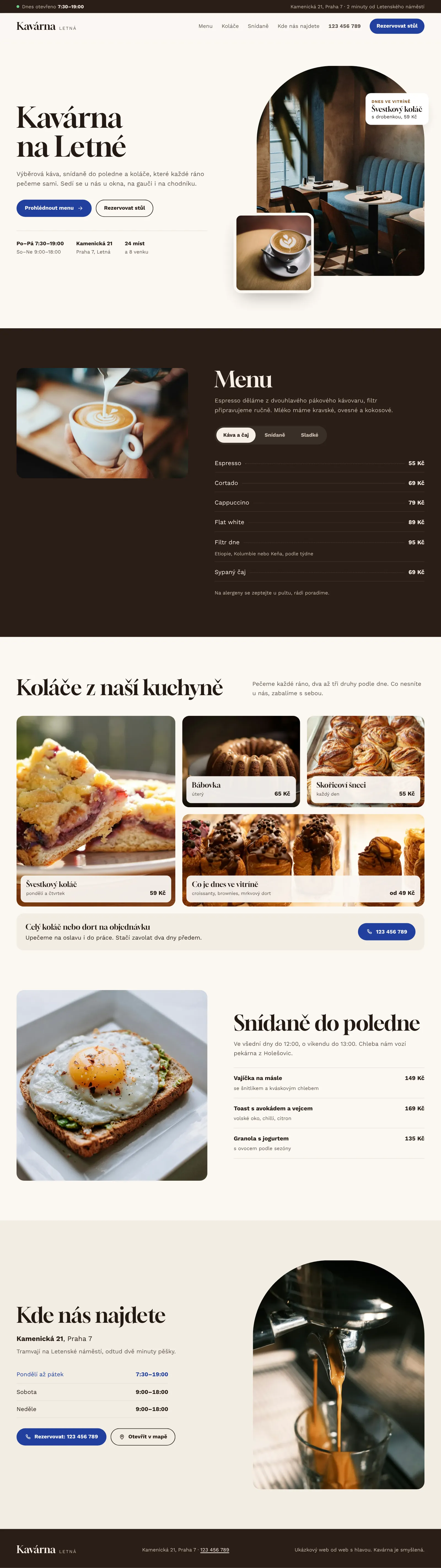 Ukázkový web kavárny: menu, koláče a snídaně